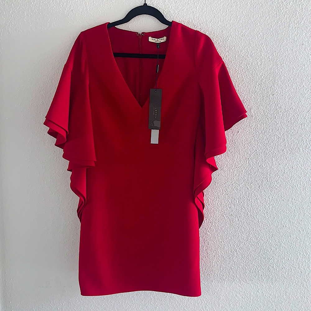Crimson Red Halston Heritage Evening Collection V-neck dress with bat sleeves.